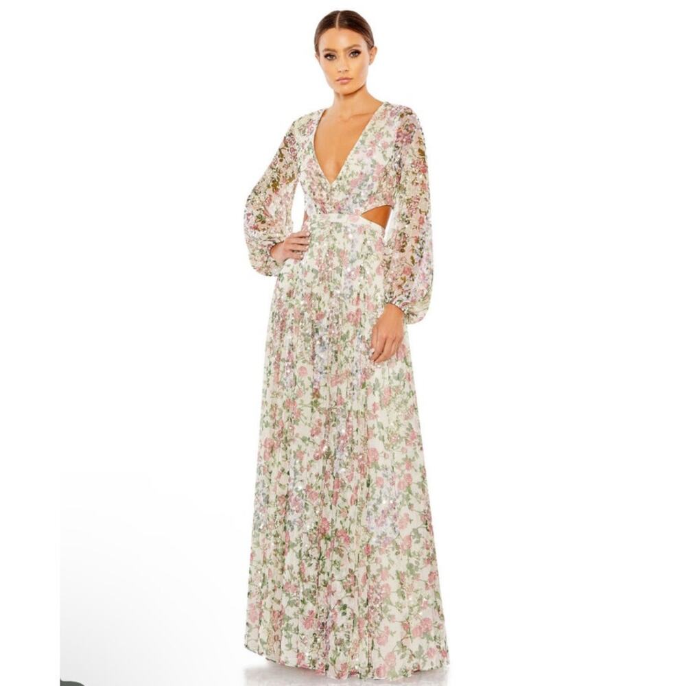 Mac Duggal NEW Sz 16 93746 Floral Chiffon Cutout Waist Lace-Up Corset Back Gown